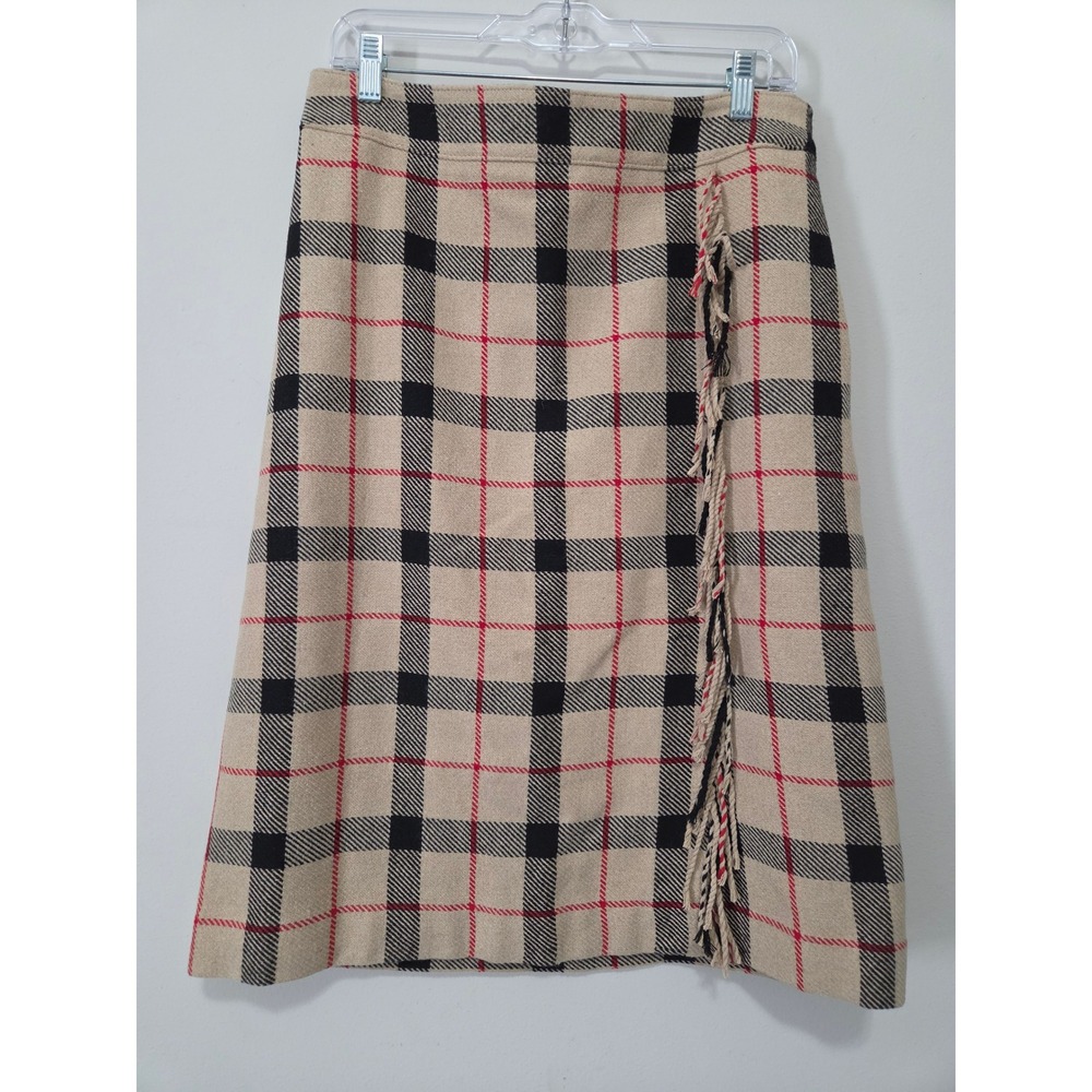 Talbots Womens Plaid Fringe Trim A-Line Skirt Tan Black Red Wool Blend Size 8